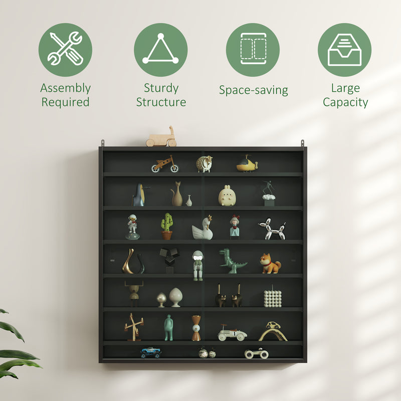 Black 7 Tier Wall Display Cabinet with Glass Doors and Adjustable Shelves by HOMCOM
