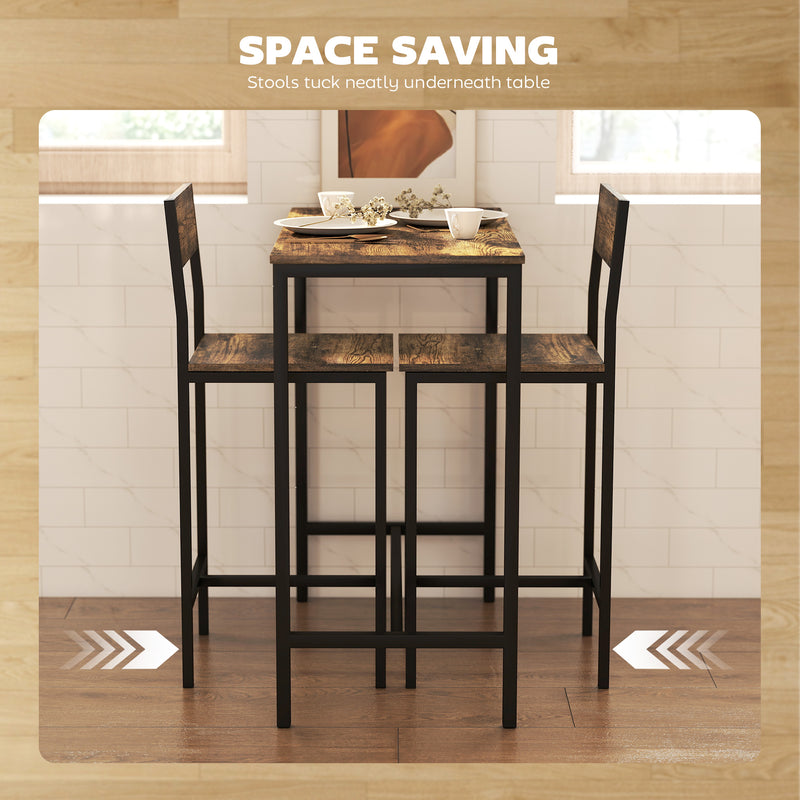 Bar Table Dining Set For Small Spaces - 3 Piece Set with 2 Stools - Industrial Style - Black & Brown Homcom