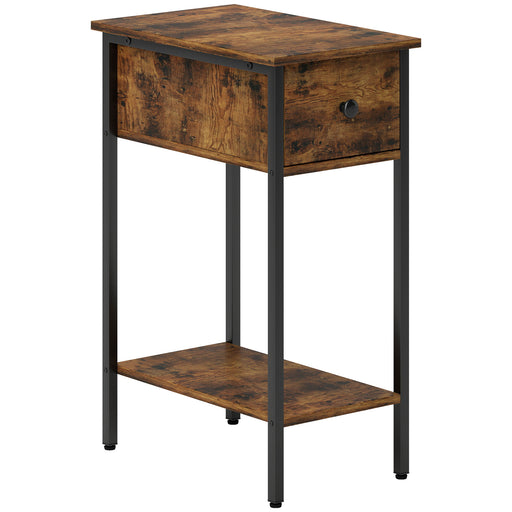 Slim Side Table with Drawer and Storage Shelf Ideal for Small Spaces, Rustic Brown