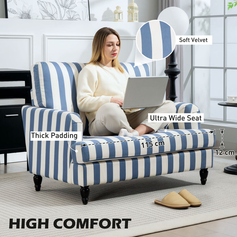Blue and White Velvet Accent Chair with Wide Seat and Turned Legs for Living Room by HOMCOM