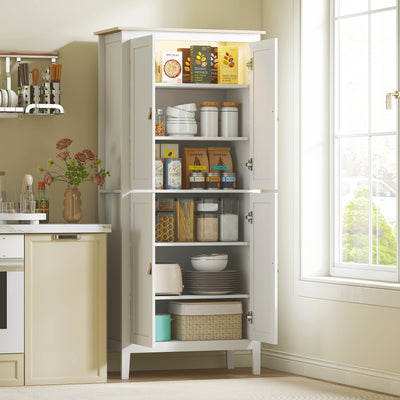 Tall Kitchen Pantry Cupboard with Adjustable Shelves and Motion Sensor Light White