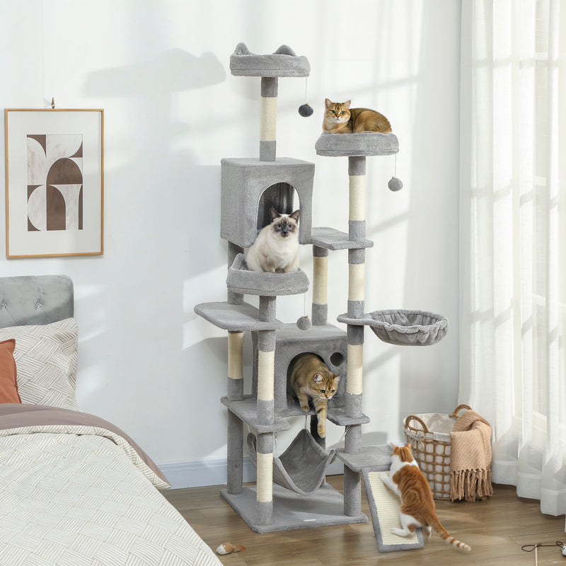 Tall Multi Level Cat Tree for Two or More Cats with Scratch Posts and Cosy Beds Light Grey
