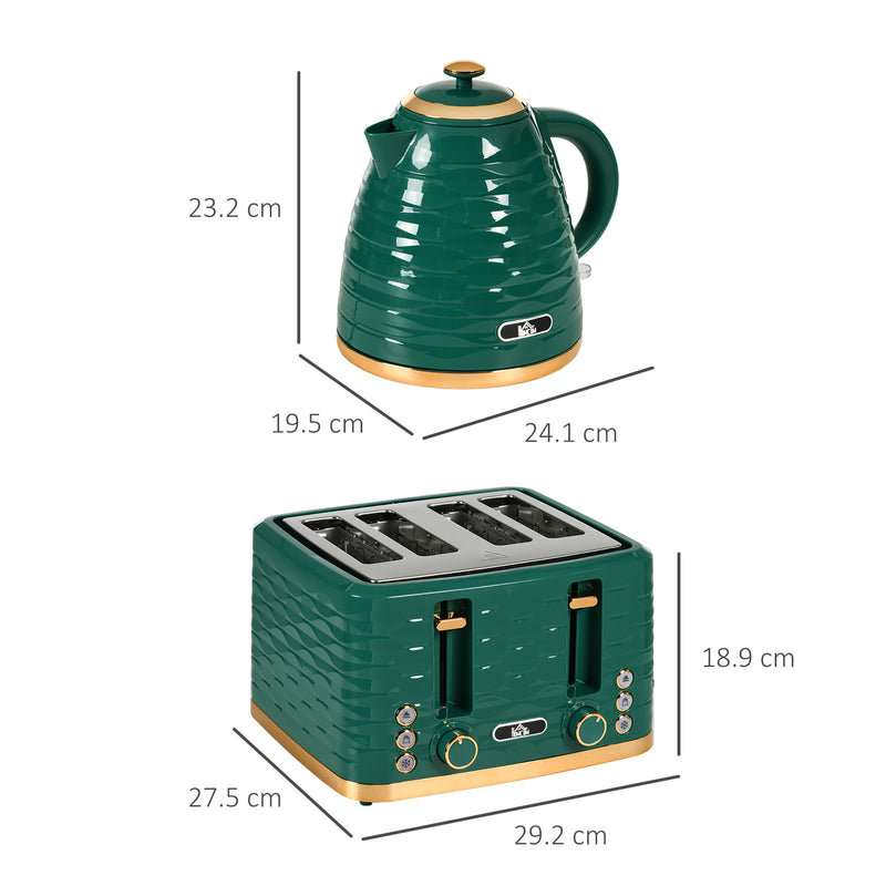 3000W Fast Boil Kettle and 4 Slice Toaster Set With Crumb Tray and Browning Control Green