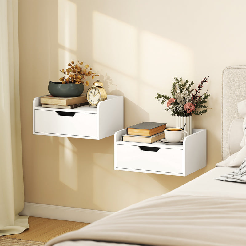 Floating Bedside Tables Set of 2 with Drawer and Shelf Space Saving Storage White AOSOM