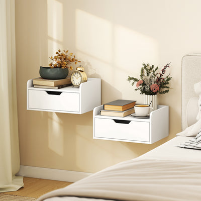 Floating Bedside Tables Set of 2 with Drawer and Shelf Space Saving Storage White AOSOM
