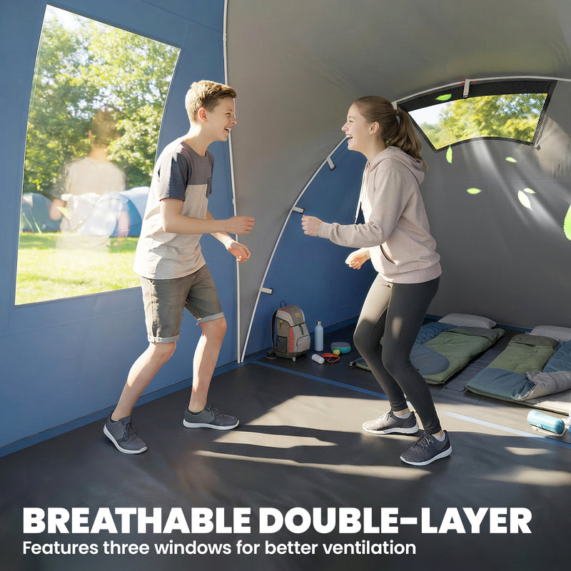 Waterproof Family Tunnel Camping Tent With Bedrooms & Porch, Navy Blue & Light Grey