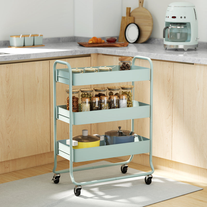 3 Tier Rolling Storage Trolley With Mesh Baskets For Kitchen Or Bathroom Use Light Green
