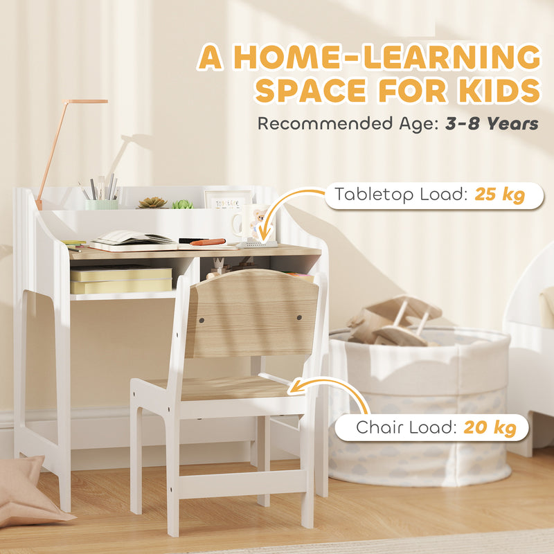 Kids Desk and Chair Set with Storage for Homework and Crafts Ages 3–8 Natural and White AOSOM