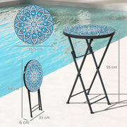 Blue Round Mosaic Garden Side Table 35.5cm Folding Metal Frame for Balcony or Patio