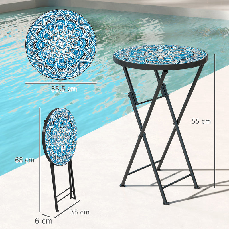 Blue Round Mosaic Garden Side Table 35.5cm Folding Metal Frame for Balcony or Patio
