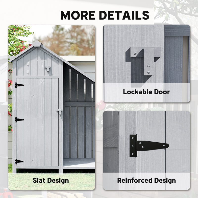 Metal Garden Storage Shed with 3 Shelves and Log Rack for Firewood Organisation Grey