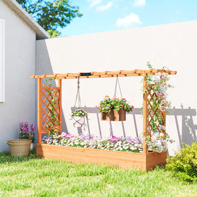 Wooden Raised Planter Box With Trellis and Drainage Ideal For Outdoor Garden Use Grey Outsunny