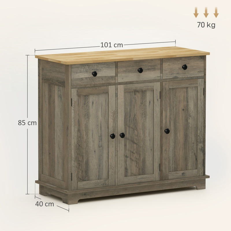 Grey Wood Effect Sideboard with Rubberwood Top Storage Cabinets and Drawers by HOMCOM