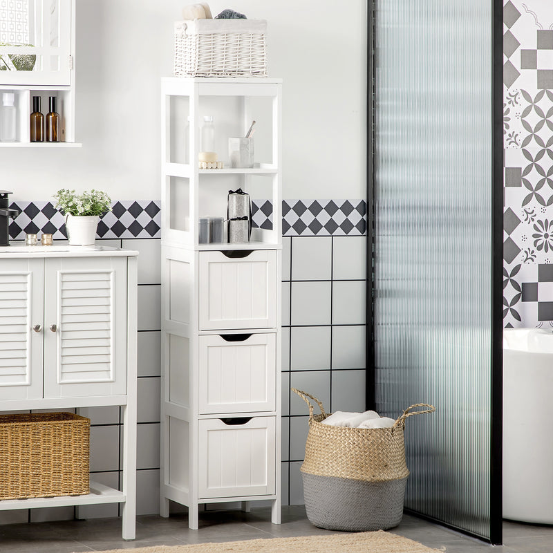 Tall Slim Bathroom Cabinet with Shelves and Drawers for Small Spaces White Homcom