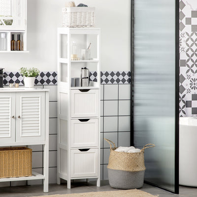 Tall Slim Bathroom Cabinet with Shelves and Drawers for Small Spaces White Homcom