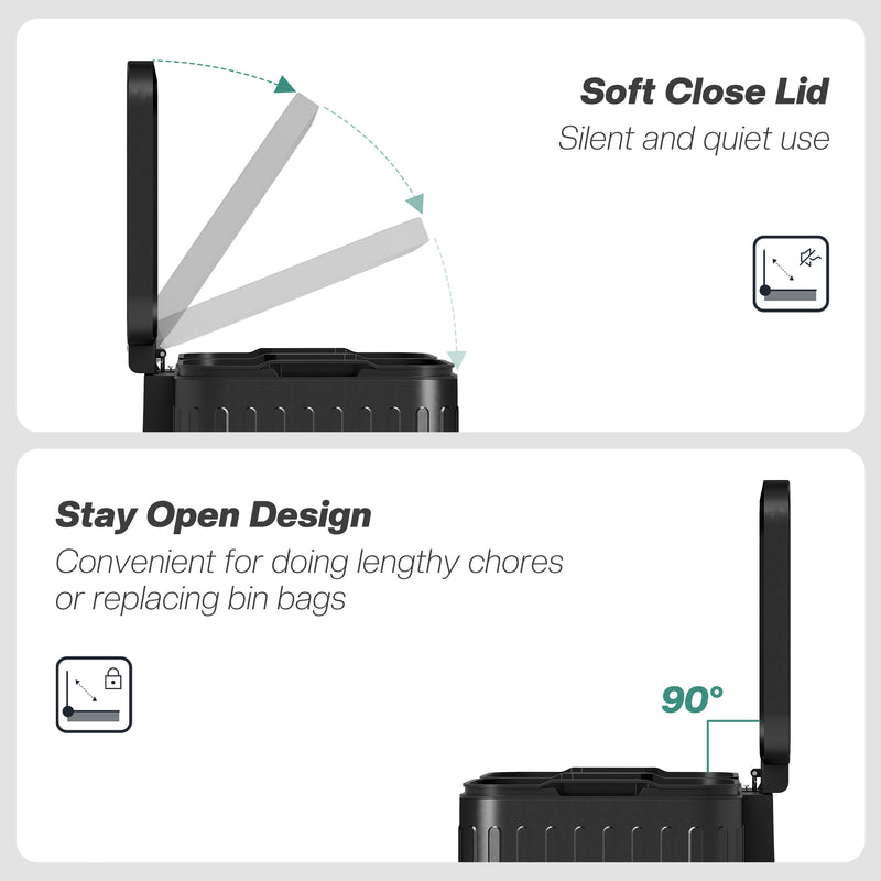 40L Black Dual Compartment Rubbish Bin With Soft Close Lid For Kitchen Waste Sorting