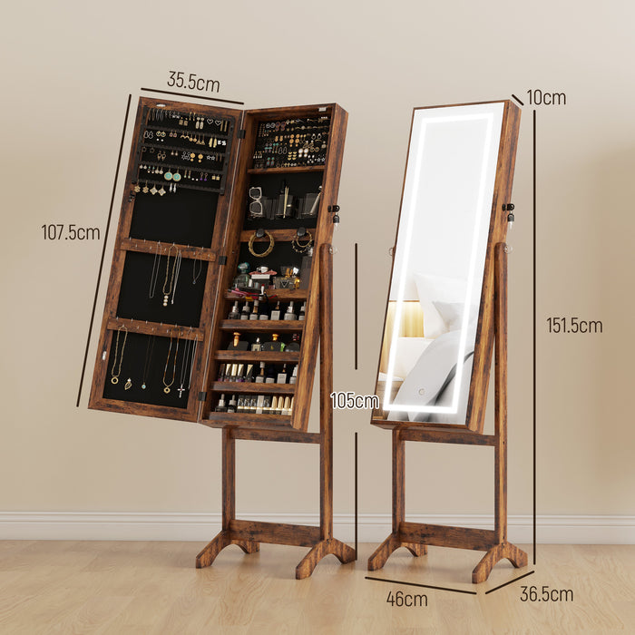 Lockable Jewellery Cabinet with LED Light and Full Length Mirror Rustic Brown by HOMCOM