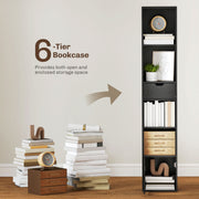 Tall Narrow 6 Tier Bookcase with Drawer and Cupboard for Home Storage Black AOSOM