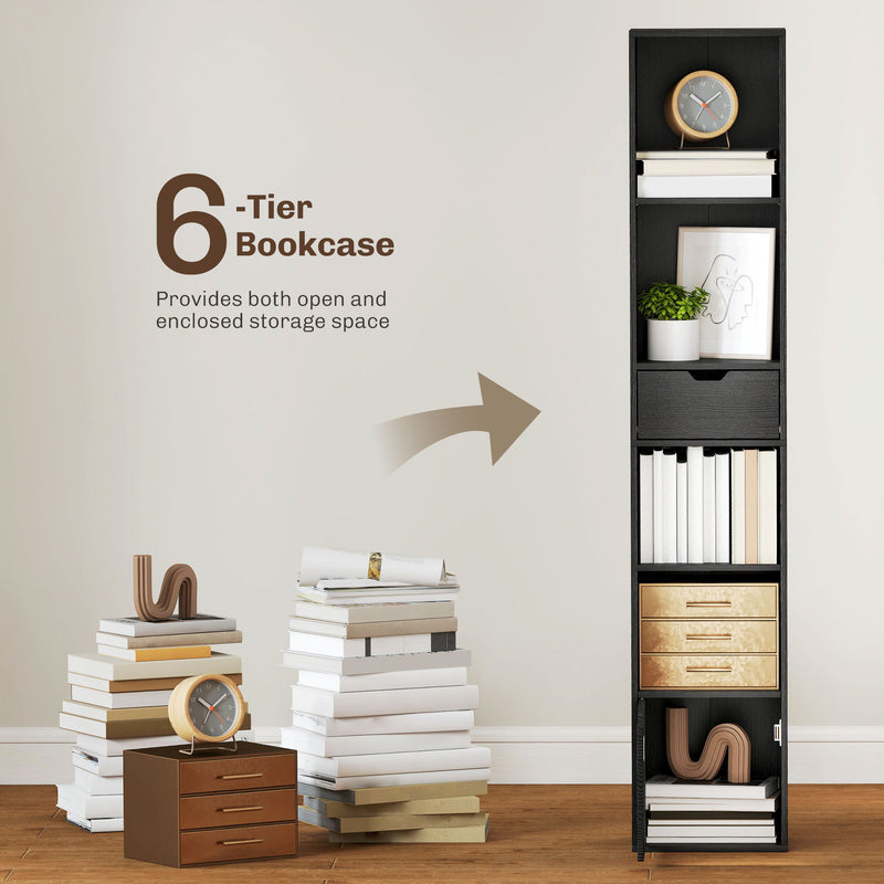 Tall Narrow 6 Tier Bookcase with Drawer and Cupboard for Home Storage Black AOSOM