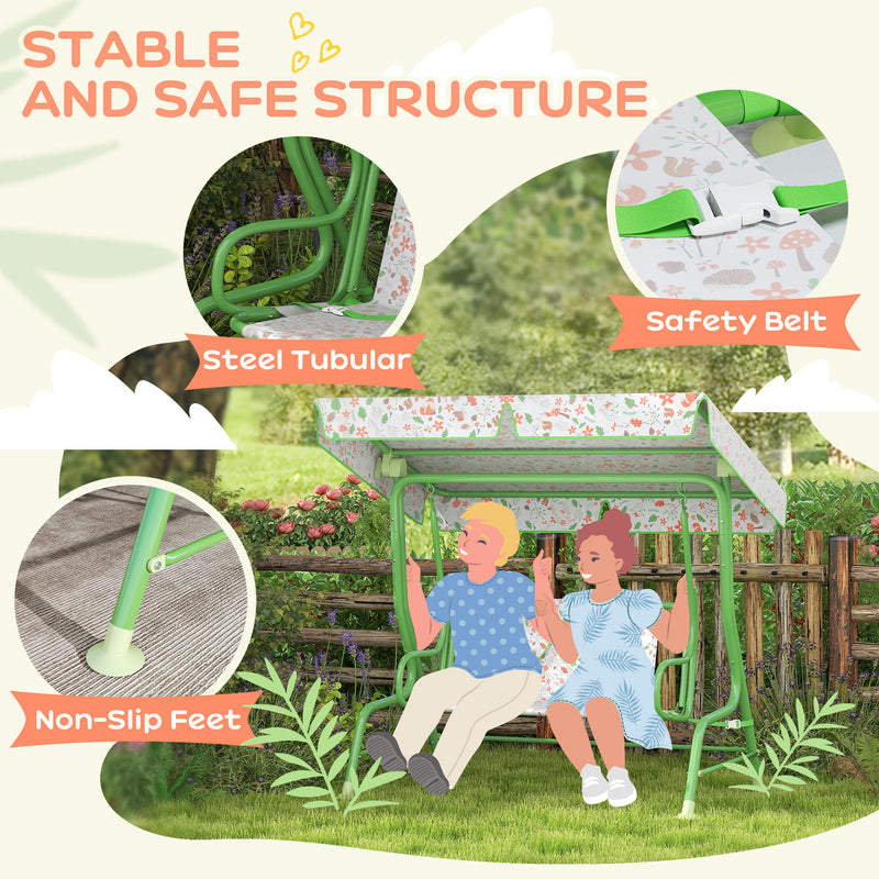 Kids 2 Seater Garden Swing Chair with Adjustable Canopy and Safety Belt in Green by AIYAPLAY