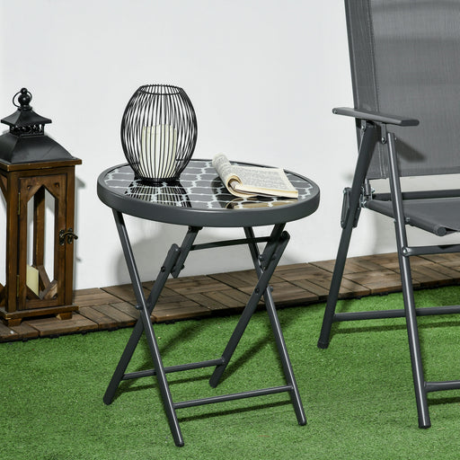 Round Folding Garden Side Table with Marble Effect Glass Top for Patio or Balcony Use