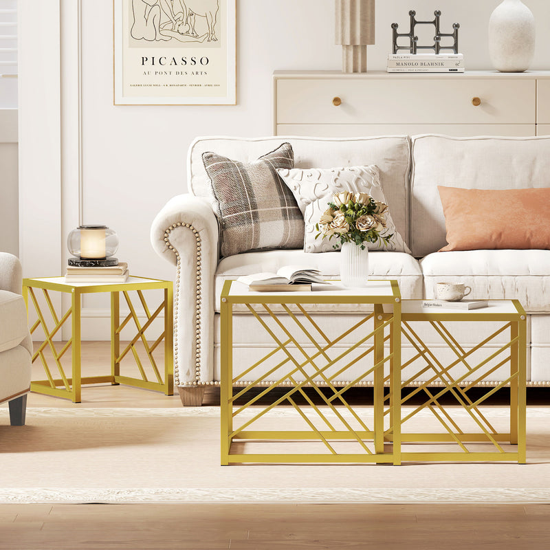 Coffee Tables, Nesting Coffee Tables for Living Room Set of 3 - Gold Metal Frame & White Tops