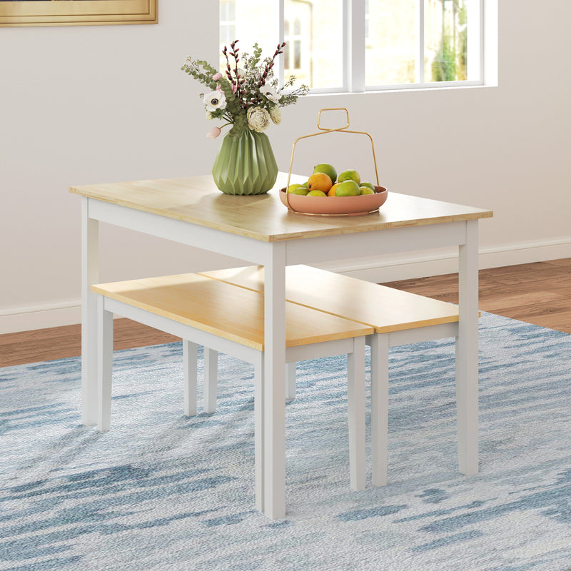 Farmhouse Dining Table and Bench Set with Sturdy Wooden Frame for Kitchen or Lounge Natural and White