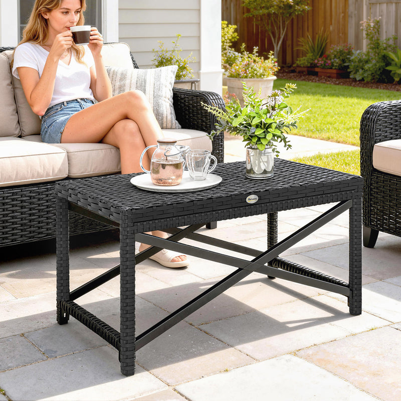 Rattan Garden Side Table with Sturdy Metal Frame for Outdoor Drinks and Snacks Black Outsunny
