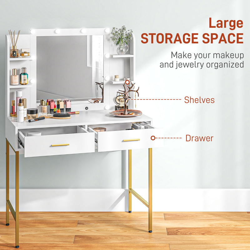 LED Makeup Vanity Table Set with Mirror Drawers and Stool for Bedroom Storage White