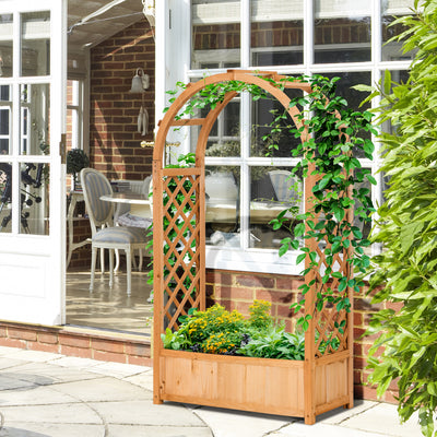 Raised Garden Bed with Trellis for Climbing Plants and Herbs Freestanding Planter Brown Outsunny
