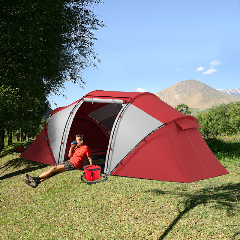 Large Family Tunnel Tent with Two Bedrooms and Living Area for Group Camping Grey and Red