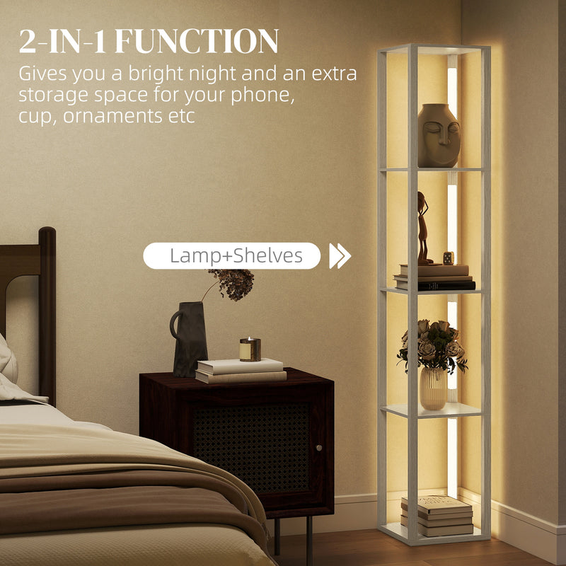 Tall Floor Lamp With Storage Shelves And Adjustable Brightness For Living Room, Oak