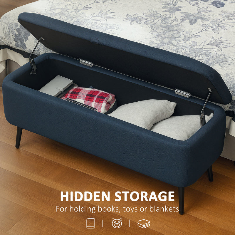 Linen Look Storage Ottoman Bench With Lift Up Lid For Living Room Or Bedroom Dark Blue