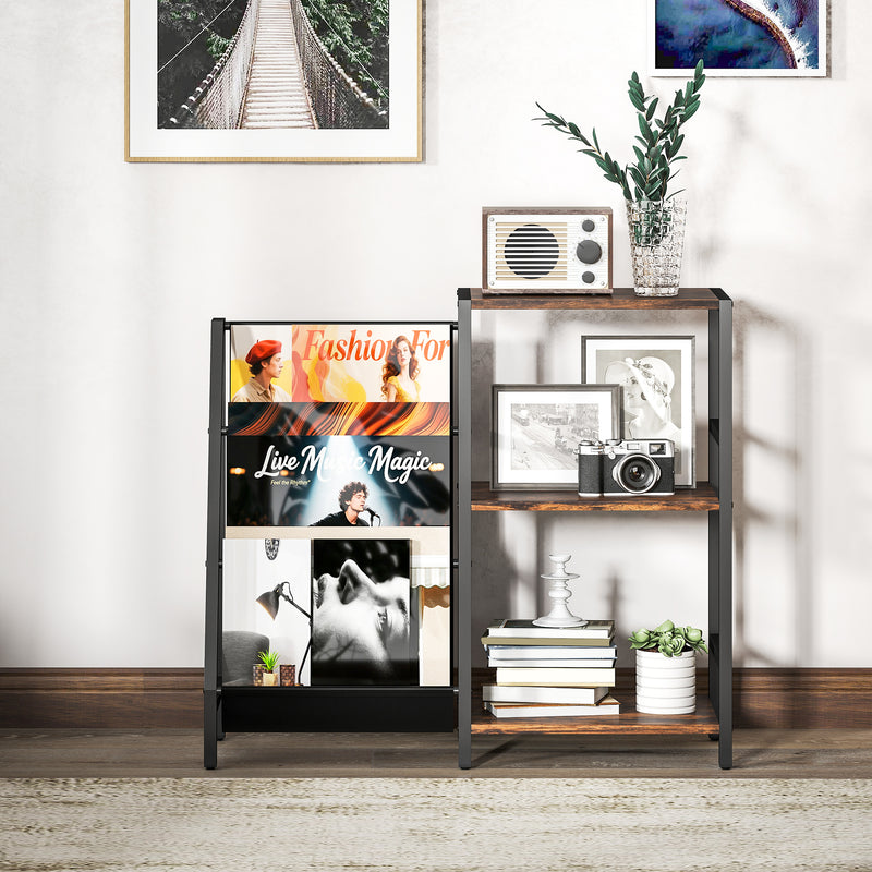 Rustic Brown 3 Tier Record Player Stand With Storage For Living Room Or Bedroom Use