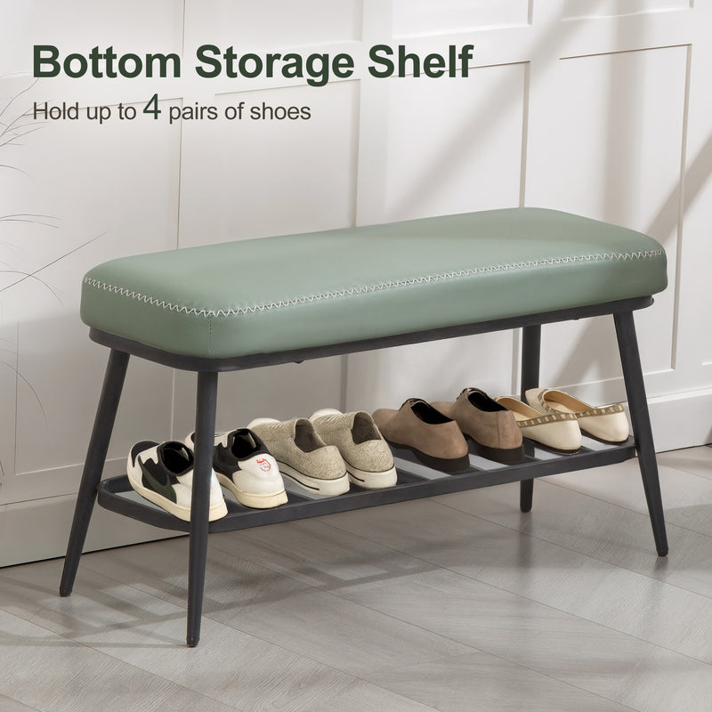 PU Leather Shoe Storage Bench With Padded Seat and Hidden Compartment, Green