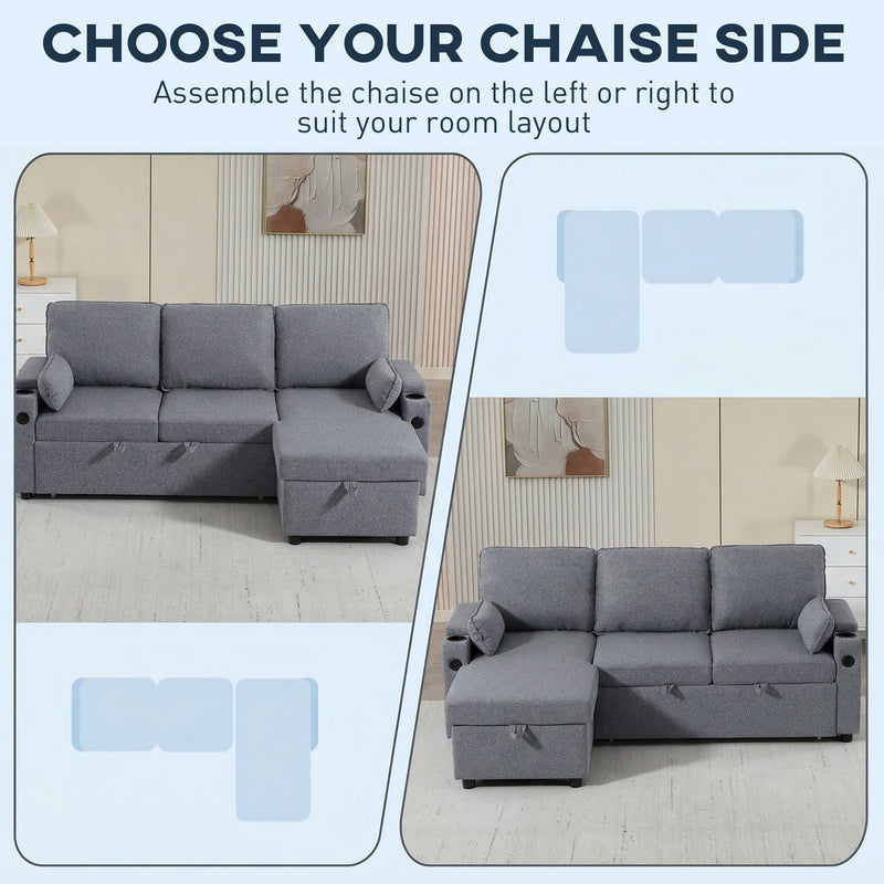 Corner Sofa Bed with Storage and USB Charging for Flexible Guest Sleeping Grey AOSOM
