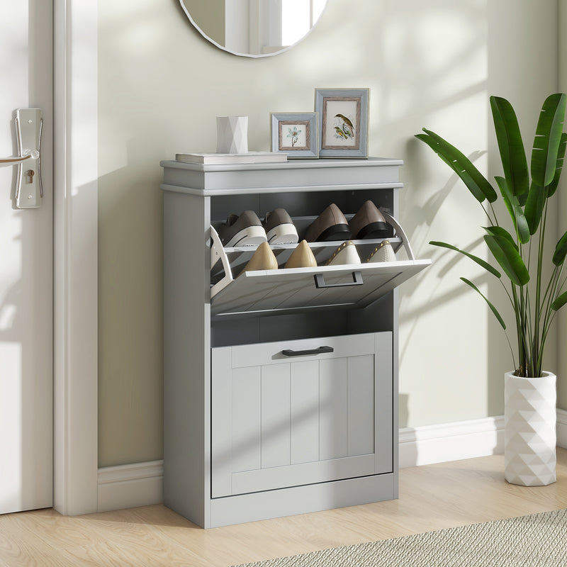Two Drawer Shoe Storage Cabinet Holds Up To 10 Pairs Ideal for Hallways Grey