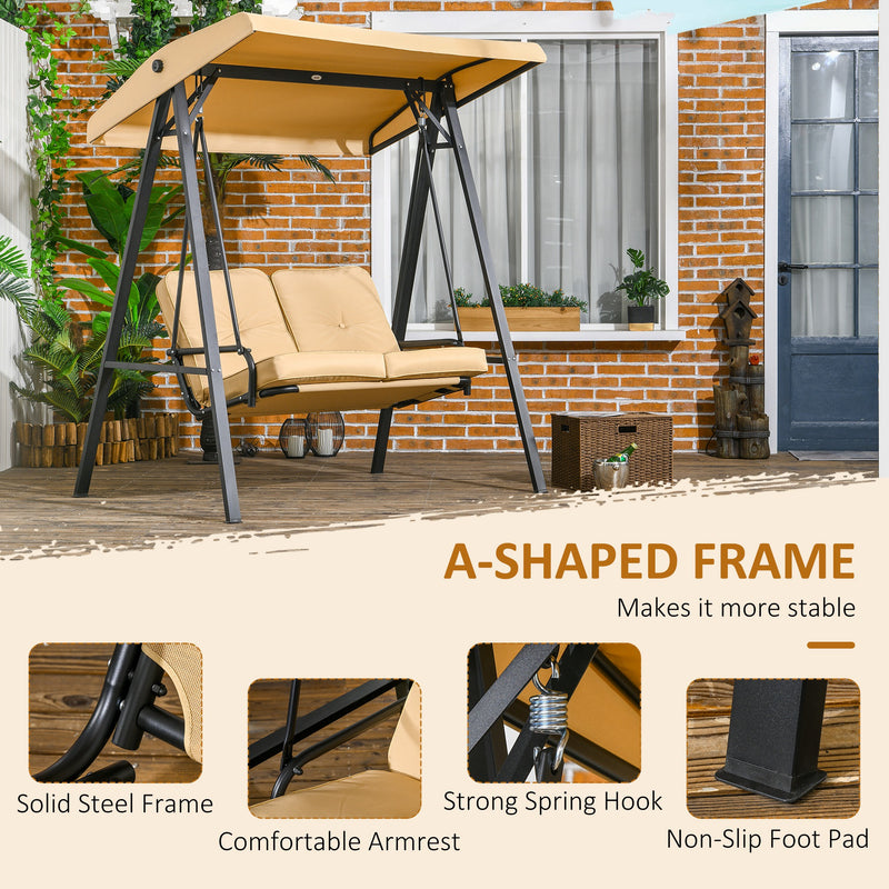 Beige Two Seater Garden Swing Bench With Adjustable Canopy For Shaded Outdoor Relaxing