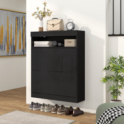 Flip Door Shoe Storage Cabinet For 16 Pairs With High Gloss Finish, Black