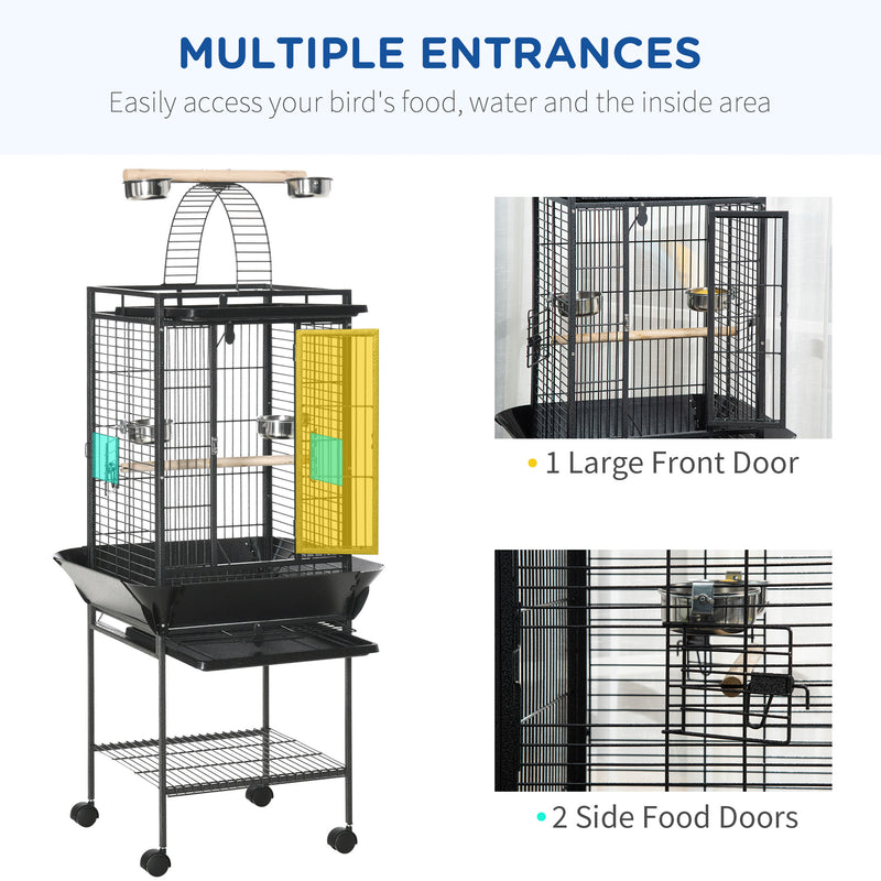 Tall Parrot Bird Cage With Open Play Top Perch Wheels and Storage Shelf Dark Grey AOSOM
