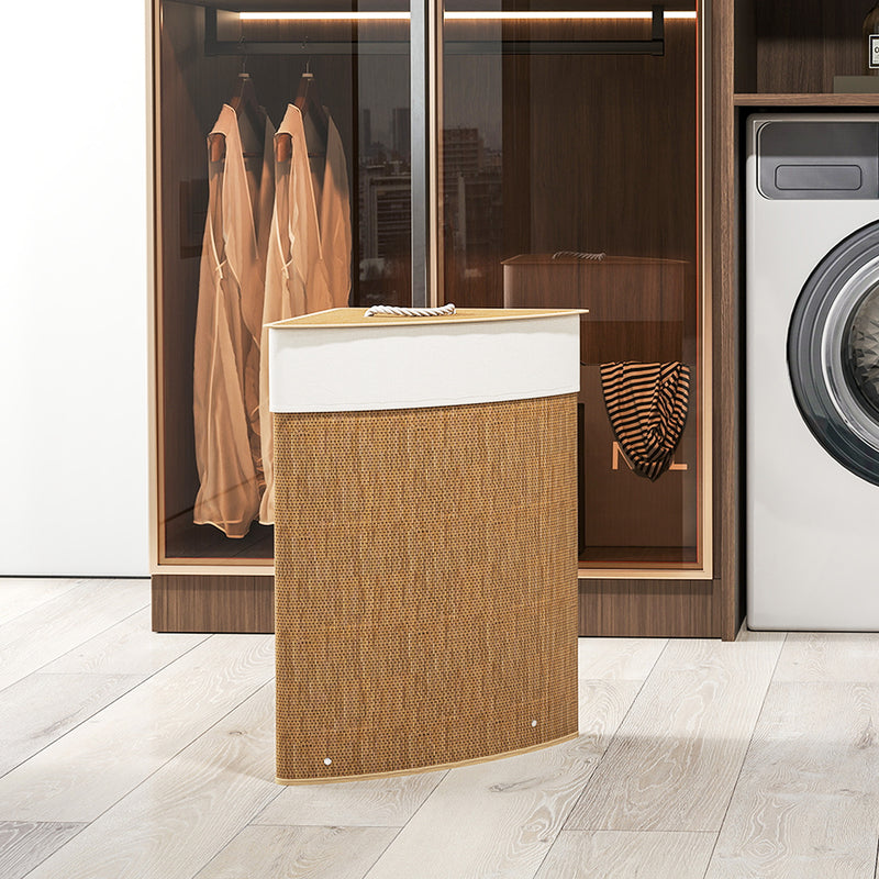 Brown 55L Bamboo Corner Laundry Basket with Lid and Washable Liner Bag