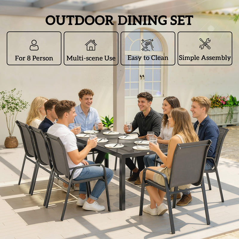 8 Seater Garden Dining Set with Large Rectangular Black Glass Table and Weatherproof Stackable Chairs Outsunny