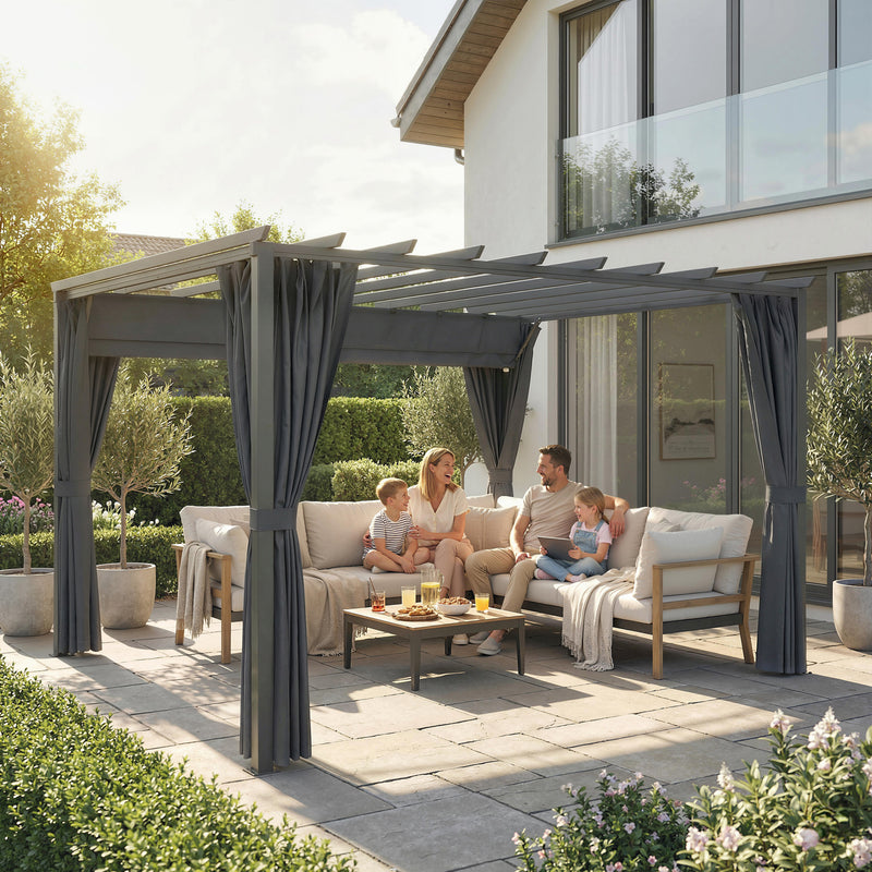 3.6 x 3m Metal Garden Pergola with Retractable Canopy and Curtains for Shaded Outdoor Dining, Dark Grey