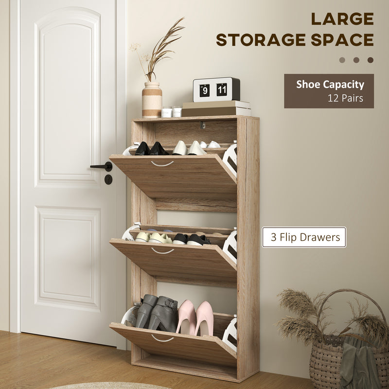 Brown Wood Effect 12 Shoe Flip Drawer Storage Cabinet Space Saving Organiser by HOMCOM