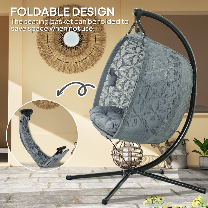 Double Hanging Egg Chair with Stand Comfy Cushion and Cup Holders Charcoal Grey by Outsunny