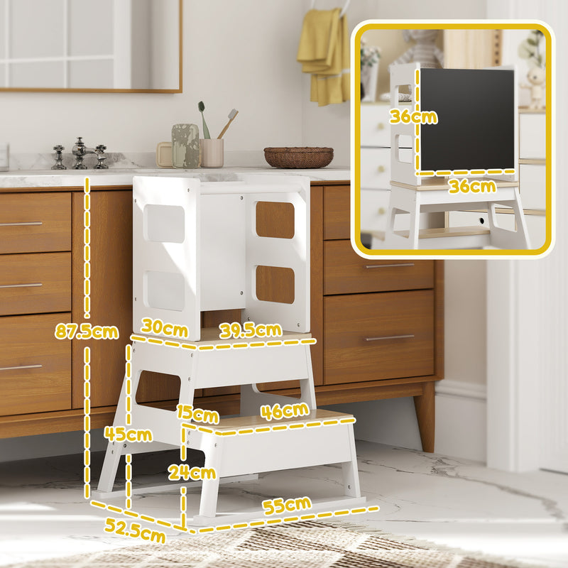 White 2-in-1 Toddler Tower with Chalkboard and Safety Rail for Kitchen and Bathroom by AIYAPLAY AOSOM