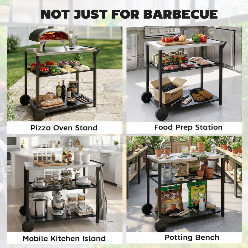 Outdoor BBQ Prep Table with Stainless Steel Top and Shelves for Easy Garden Cooking Black