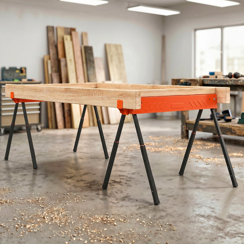 Adjustable Folding Sawhorse Pair for Stable DIY and Woodworking Support Orange Black