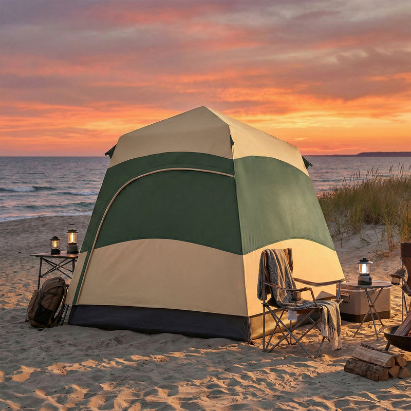 Pop Up 4 Person Camping Tent with Instant Setup and Mesh Windows Khaki and Dark Green