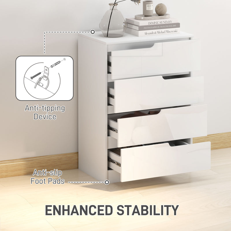 White Chest of 4 Drawers with High Gloss Front for Bedroom or Living Room by HOMCOM